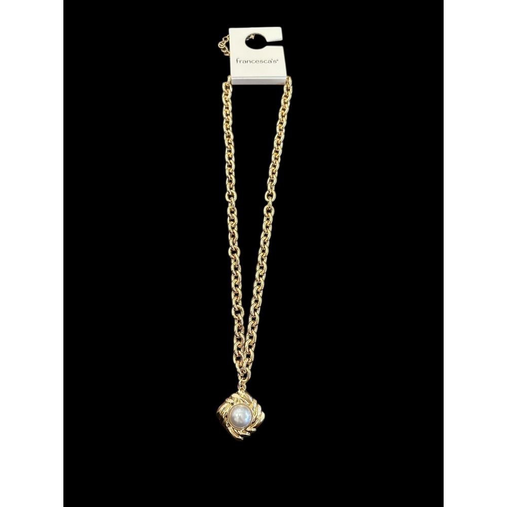 Francesca's Gold Tone Chunky Link Chain Necklace Faux Pearl Square Pendant NEW